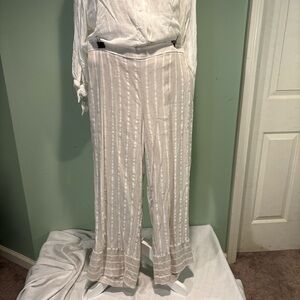 LOFT Women’s ivory Striped Wide-Leg elastic Pants pockets size M